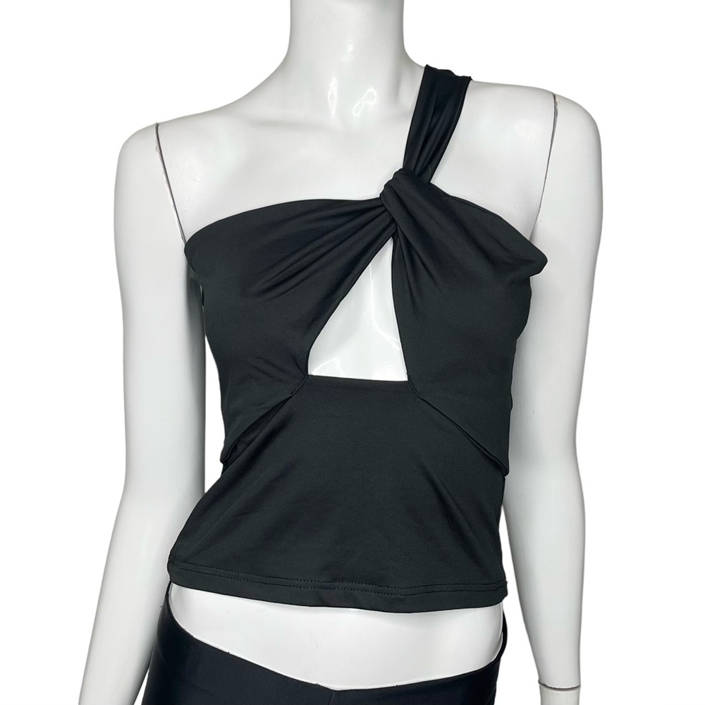🤑 5/$25 SHEIN One Sleeve Twist & Peephole Front One Open Shoulder Black Crop Top